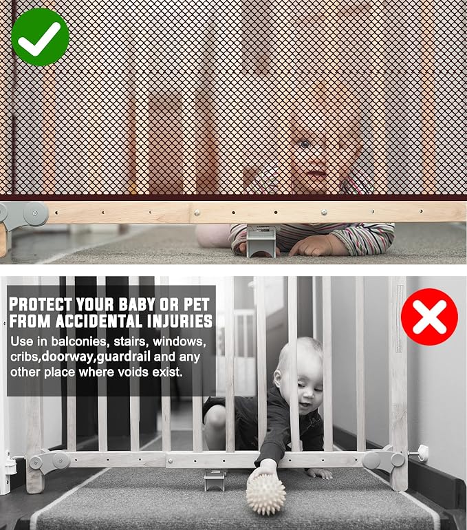 Baby Gate for Stairs, Banister Guard for Kids, Pets, Toys, 15ft L x 2.66 ft H, Mesh Netting Safety Net for Balcony Rail Stair, Stairway Net Baby Safety Products for Indoor & Outdoor (Brown)