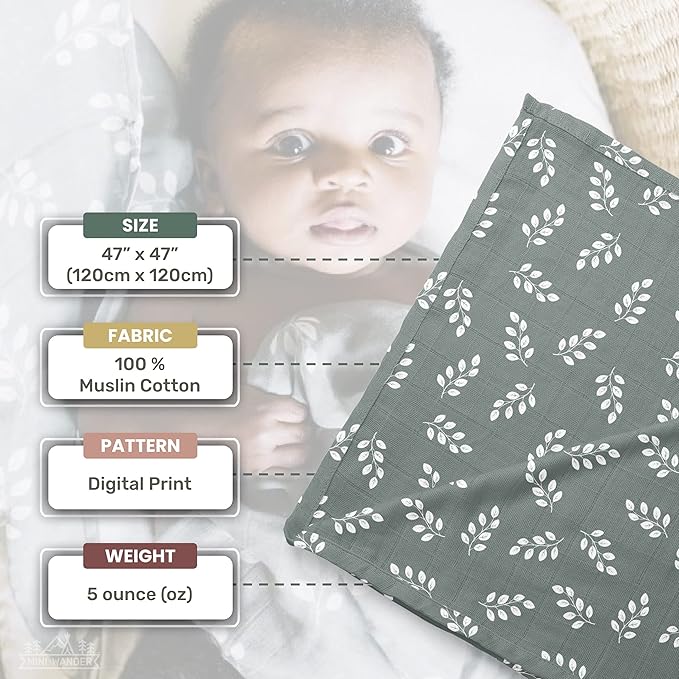 Mini Wander Swaddles for Newborns Muslin Swaddle Blankets - Breathable Soft Gender Neutral Receiving Blanket Baby Essentials | 47 x 47 Cotton - (Leaves Storm Blue)