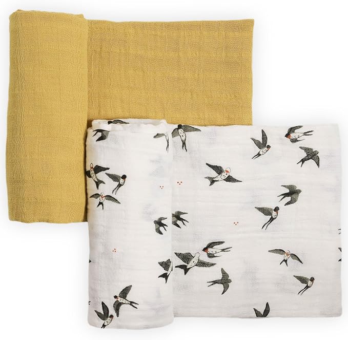 Little Unicorn 100% Natural Organic Cotton Muslin Swaddle Blanket 2 Pack | Giftable Set of 2 swaddles (Swallows)