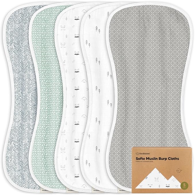 5-Pack Muslin Burp Cloths Baby Boy, Girl - Very Absorbent Baby Burp Cloth Rags, 8-Layers Viscose Derived from Bamboo Cotton Muslin Towel, Super Soft Spit Up Rags, No Shrink Washcloths (Nordic)