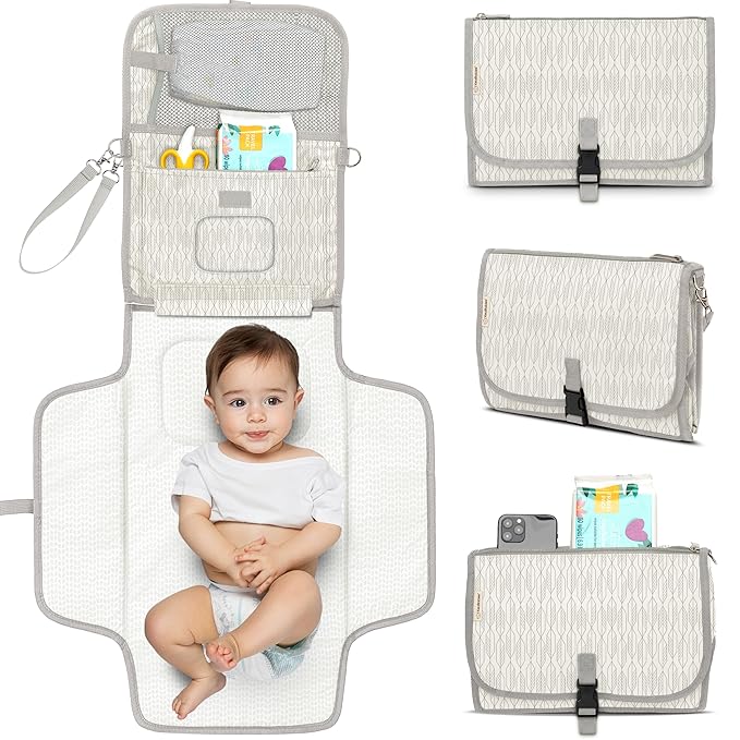 KeaBabies Portable Diaper Changing Pad, Travel, Car - Large Waterproof Baby Changing Mat, Wipeable, Padded, On The Go Travel Diaper Clutch Bag, Easy to Use Pockets for Newborn Essentials (Prism)