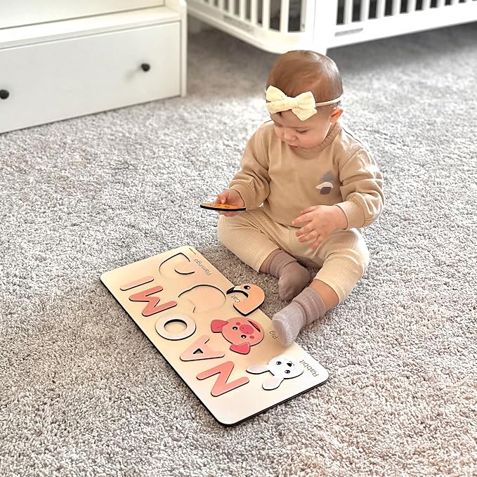 Cute Name Puzzle: Personalized with Name and Animals | 1st Birthday Gift, Wooden Toy Playful Learning Experience for Kids Ages 0-3: Handmade by Zuzu Puzzle, CPC Certified