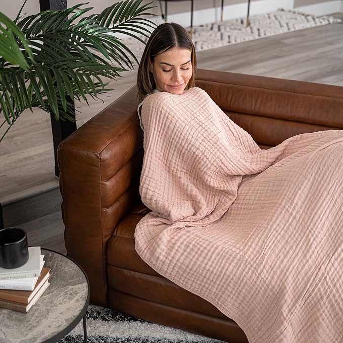 Comfy Cubs Muslin Blanket for Adults Twin 90" x 66" - 6 Layer Soft, Breathable & Lightweight Muslin Adult Blanket - Machine Washable & Designed in The US Bedding for All Seasons - Blush