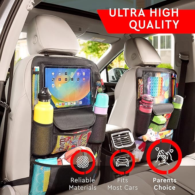 Helteko Car Seat Organizer, Ultra Version Kids Backseat Car Organizers and Storage, Waterproof Back Seat Protector Kick Mats with Tablet Holder 12" Car Accessories Interior, Black 2 Pack
