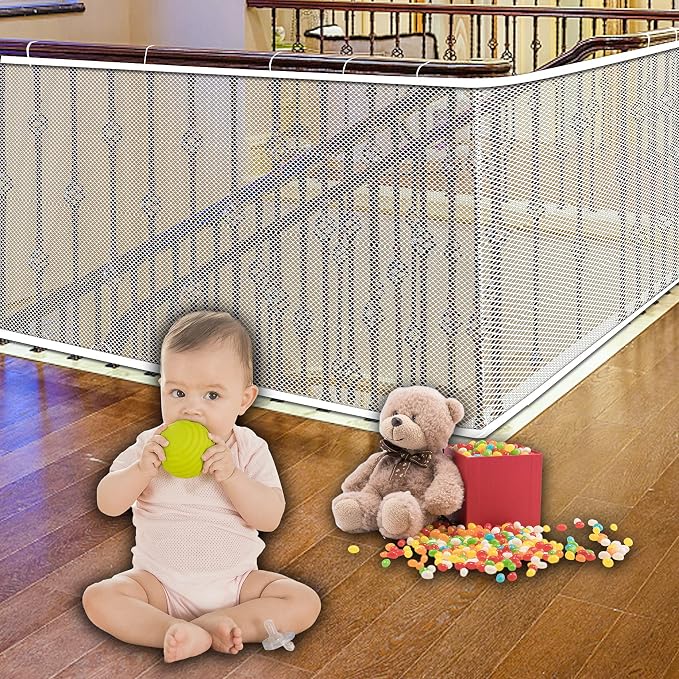 Stairway Net - Baby Safety Rail – Balcony Railing Guard -10ft L x 2.6ft H Banister Proofing Stair for Child, Small pet,Toy- Indoor & Outdoor(White)