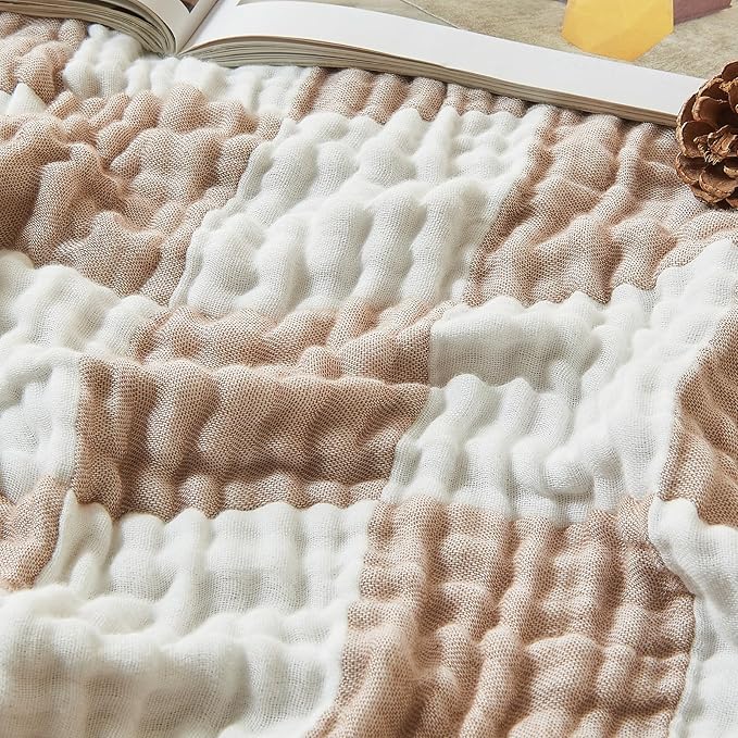 EMME Cooling Muslin Blanket for Adults - Checkered Lightweight Summer Cotton Throw Blankets of Rayon Derived from Bamboo for Hot Sleepers, Ultra Soft Breathable Gauze