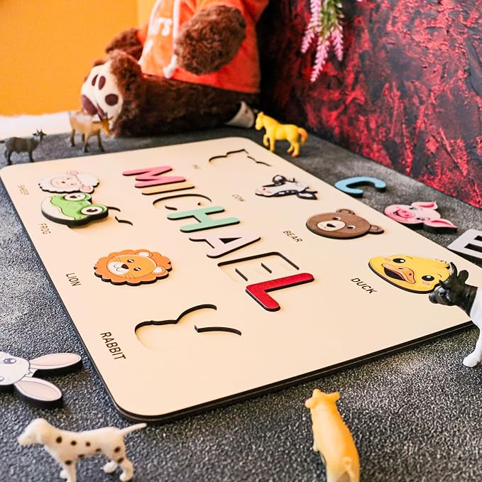 Personalized Wooden Name Puzzle for Kids, Boy and Girl, Gift for 0-1-2-3 Years Old New Baby First Birthday Gift, Christmas, Baby Shower, Newborn, Easter Custom Toddler Learning