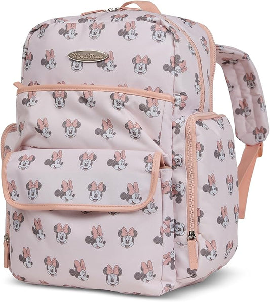 Disney Diaper Bag Backpack with Changing Pad Minnie Mouse ??16??Nylon Baby Bag for Parents, Insulated Bottle Holders, Multiple Storage Pockets