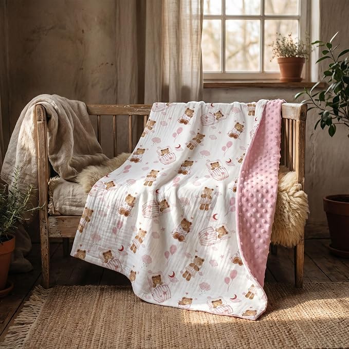 GLLQUEN BABY Blankets for Girls, Soft Muslin Cotton Front Dotted Fleece Backing, Nursery Minky Crib Blanket for Infant Toddler, 30 x 40 inches Throw Blanket, Pink Bear