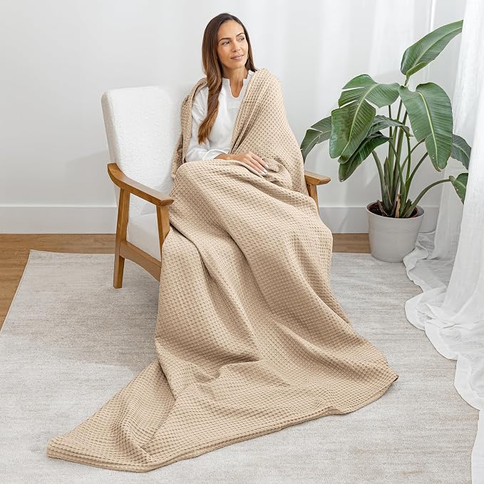 Comfy Cubs Waffle Blanket Twin, 90" x 66" - 100% Cotton Lightweight Breathable Bed Blanket - Soft Textured Thermal Weave for All Seasons – Decorative Cozy Layer for Couch, Sofa, or Bed - Sand