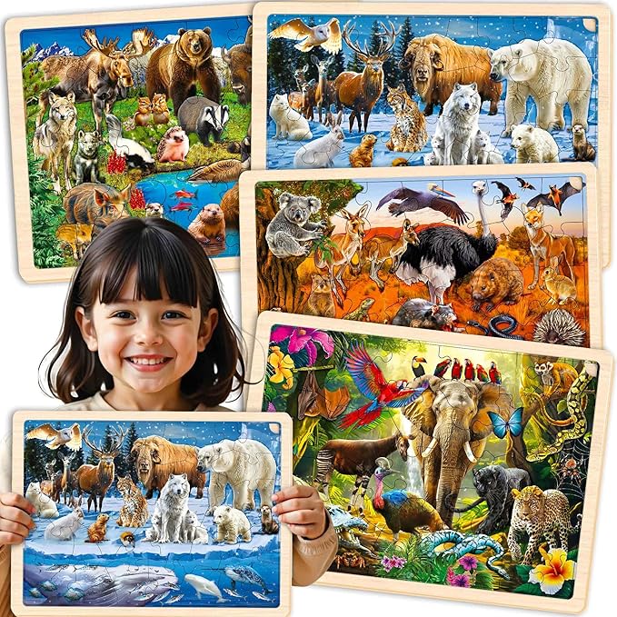QUOKKA 4SET Puzzles for Kids Ages 4-6 - 36 Pcs Wooden Realistic Montessori Puzzles Ages 3-5 - Polar & Tropical Regions, Yellowstone & Australian Animals Learning Games for Boys and Girls 4-8 Year Old