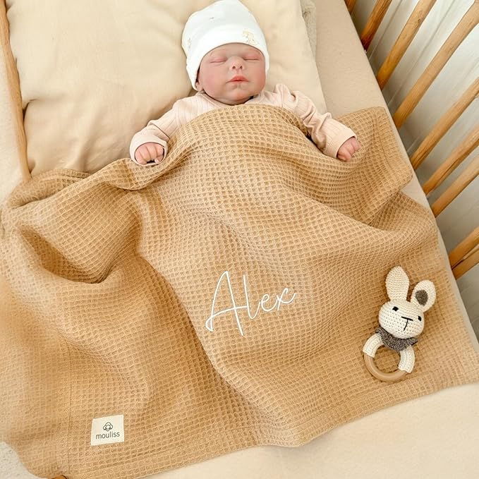 Mouliss Personalized Baby Blanket with Name ??Handmade 100% Organic Cotton Newborn Gift | Custom Knit Blanket for Boys, Girls, Kids & Baby Showers