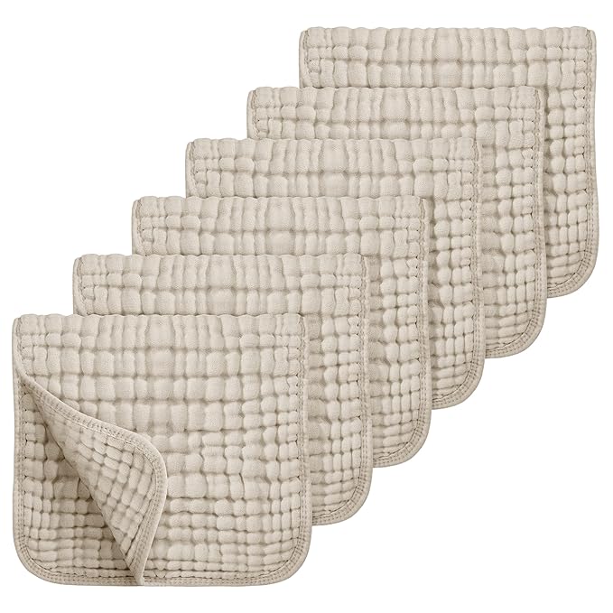 Looxii Muslin Burp Cloths 6 Pack - 20" x 10" - Ultra Soft & Absorbent, 6-Layer 100% Cotton for Spit Up & Drool- Gentle Neutral Burping Cloths, Baby Newborn Essentials Gifts for Boys Girls, Apricot