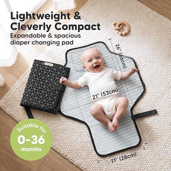 KeaBabies Portable Changing Pad for Baby, Travel ??26 x 21 Wipeable, Waterproof, Foldable Baby Diaper Changing Mat for Diaper Bag, Caddy, Car, Bed, Newborn, Compact Changer Mat Station (Black Geo)