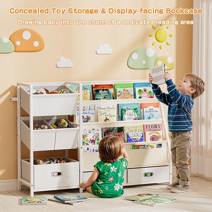 HAVLOTII Kids Bookshelf and Toy Storage - Book Shelf for Kids Rooms, Toddler Bookshelves Baby Bookcase for Nursery, Montessori Toy Organizer, 6 Toy Bins for Kids Toy Storage