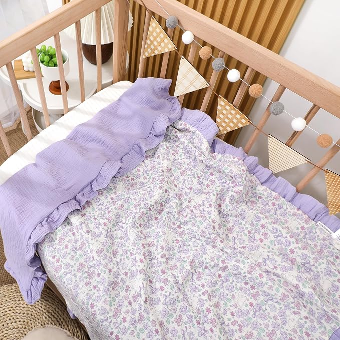Muslin Toddler Blanket 43"x43" - 100% Cotton Super Soft Crib Blanket for Baby, Infant, Toddler & Baby Girl,Lightweight Nursing Cover & Breathable Stroller Blanket,Floral Design (Purple)