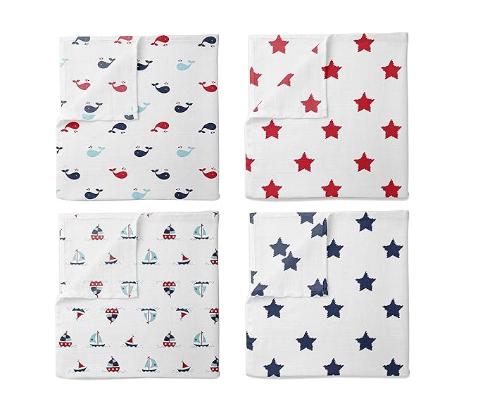 Bacati Set of 4 Little Sailor Muslin Swaddling Blankets, Blue/Red