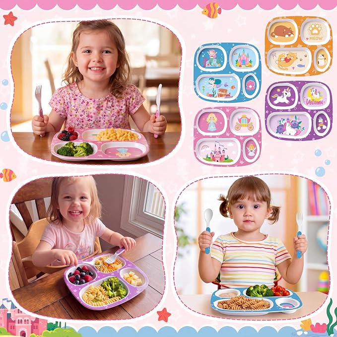 Jinei 4 Set Melamine Dinner Plate for Kids Dinnerware Dishes Set with Fork and Spoon Mermaid Unicorn Princess Cat Divided Melamine Plates for Girls Toddlers Picky Eaters BPA Free Dishwasher Safe