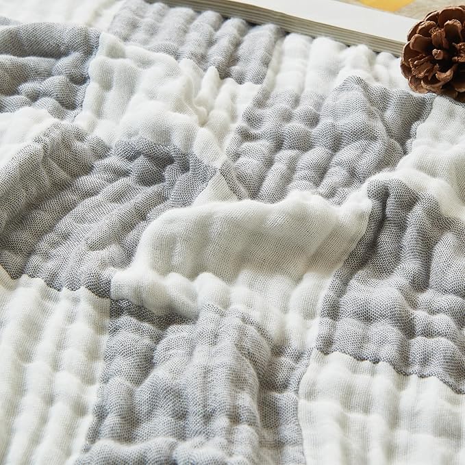 EMME Cooling Muslin Blanket for Adults - Checkered Lightweight Summer Cotton Throw Blankets of Rayon Derived from Bamboo for Hot Sleepers, Soft Breathable Gauze