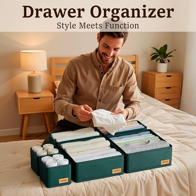 Clothes Organizer, Transform Your Drawers in Seconds - Green Set of 6 Foldable Storage Boxes with Zipper, Durable 600D Fabric, Includes Fragrance Sachets, Ideal for Underwear, Socks, Baby Clothes