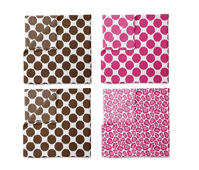 Bacati - 4 Pack Ikat Baby Swaddle Blanket Girls Swaddle Wrap Soft Breathable Cotton Muslin Swaddle Blankets Receiving Blanket for Girls, Large 45 x 45 inches (Dots/Leopard Pink/Chocolate)