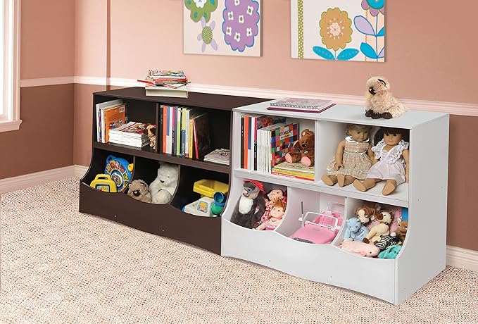 Badger Basket Multi-Bin Storage Cubby for Kids - Toy Organizer with 3 Cubbies, 2 Open Shelves, Display Top for Playroom or Bedroom - Storage Unit for Toys, Books & More - White
