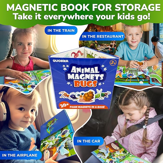 QUOKKA Travel Magnetic Puzzles for Toddlers 1-3 – 20+Pcs Bugs Game with Extra-Long Play Book – Fun Travel Game Toy for Kids Ages 3-5 – Strong Magnets for Car Activities – Fun Toddler Puzzle Ages 2-4