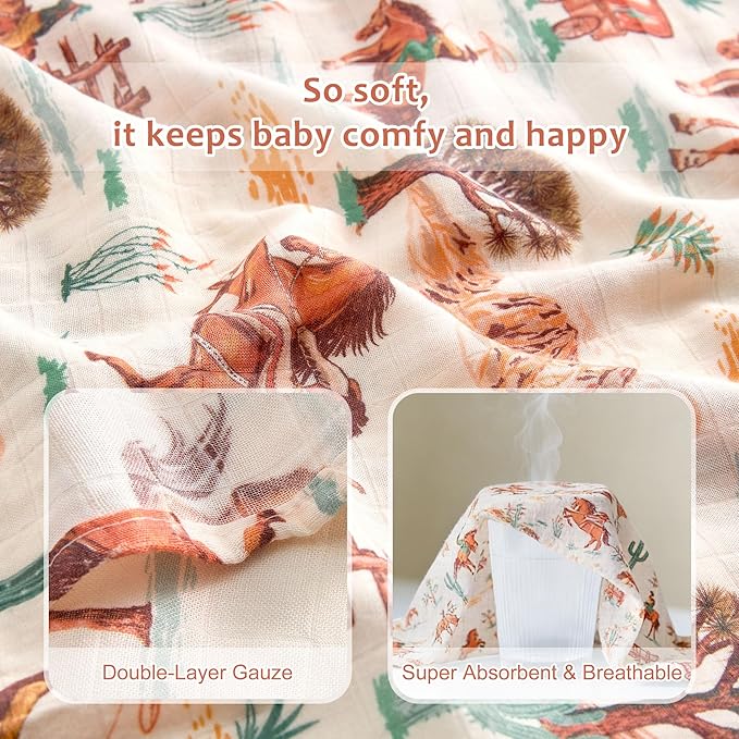 Muslin Swaddle Blankets for Newborn, 4 Pack Large 47"x47" Soft Breathable Bamboo Cotton Baby Blanket, Lightweight Receiving Blanket for Boys and Girls, Wild West Adventure