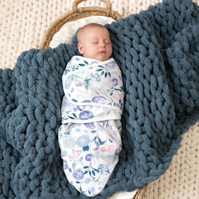 aden + anais Essentials Easy Swaddle Wrap Quick Change with Bottom Zipper, Snug Cotton Knit Baby Wrap Swaddle Blanket for Newborns, TOG 1.0, 3-Pack, Flowers Bloom, 0-3 Months, Small/Medium