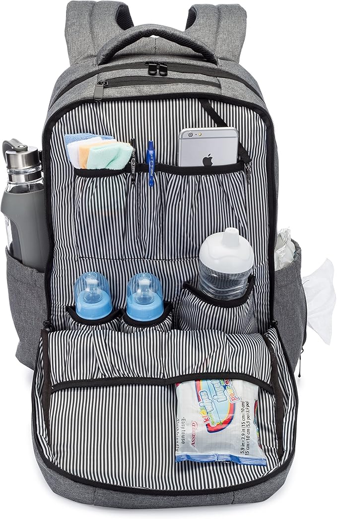 Diaper Bag Backpack - Multi-Function Waterproof Baby Nappy Bag - Stroller Straps - Large Capacity - Insulated Bottle Pockets - Changing Pad, Durable and Stylish, Grey