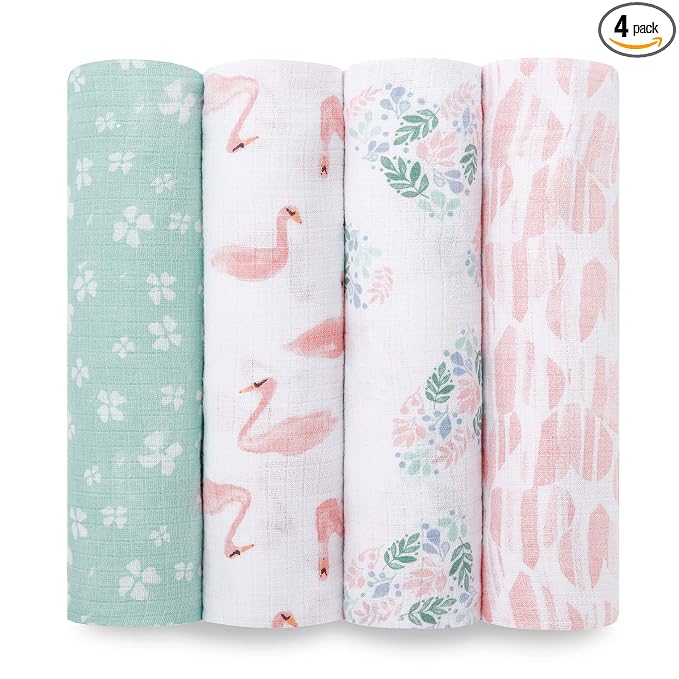 aden + anais Essentials Muslin Swaddle Blankets for Baby Girls and Boys, Newborn Receiving Blanket for Swaddling, 100% Cotton Baby Swaddle Wrap, 4 Pack, Floral, Briar Rose