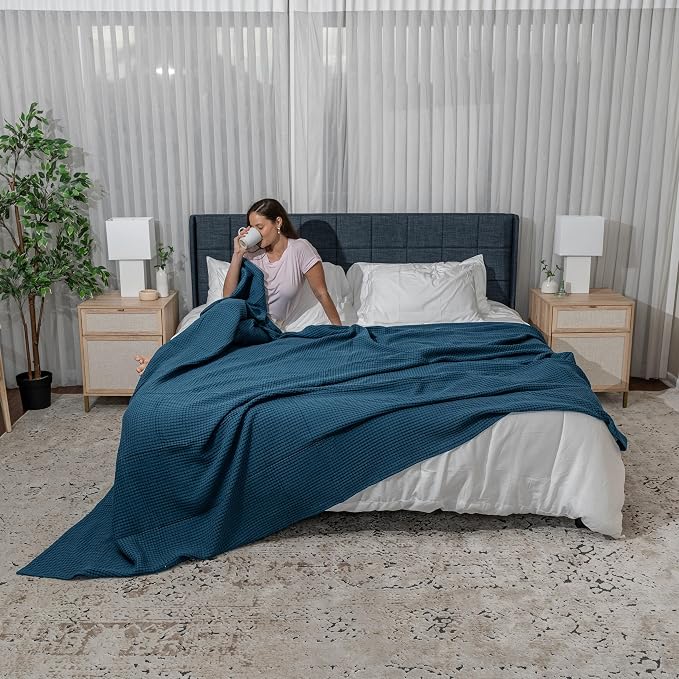 Comfy Cubs Waffle Blanket Twin, 90" x 66" - 100% Cotton Lightweight Breathable Bed Blanket - Soft Textured Thermal Weave for All Seasons – Decorative Cozy Layer for Couch, Sofa, or Bed - Neptune