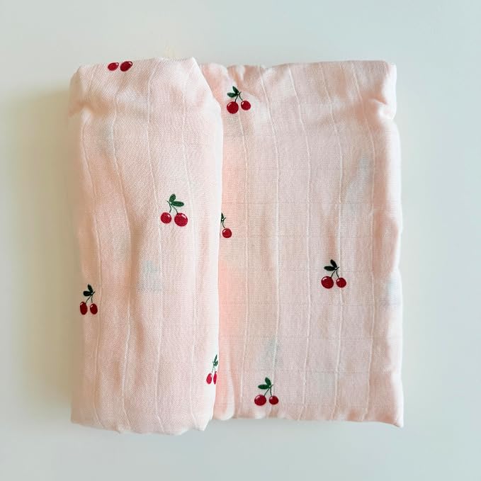 Ali+Oli Muslin Swaddle Blanket for Baby (Cherry) Large 47" x 47" Soft Rayon Made from Bamboo & Organic Cotton, Machine Washable Receiving Blanket Wrap for Newborn to Toddler