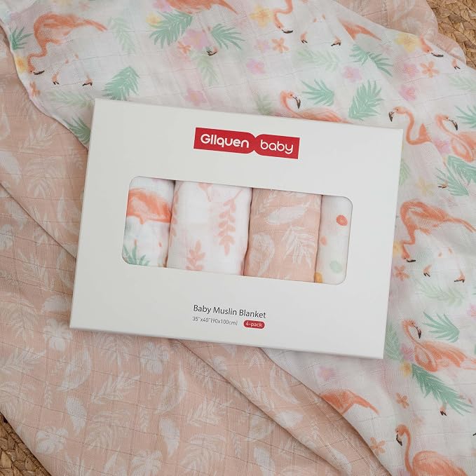 GLLQUEN BABY Muslin Swaddle Blankets 4-Pack Breathable Receiving Blankets (35" x 40") Soft Baby Blankets for Girls and Boys Newborn Essentials Muslin Burp Cloths Swaddle Wrap Baby Gift(Flamingo)