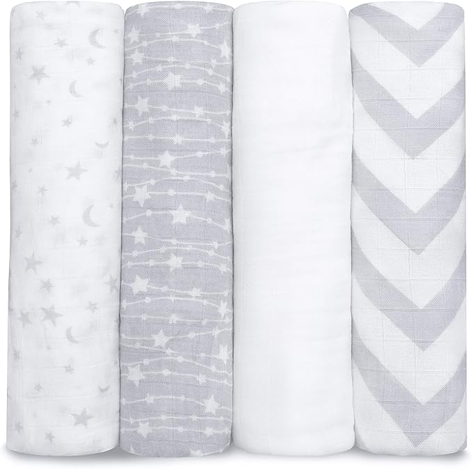 Comfy Cubs Muslin Swaddle Blankets Pack of 4, 47 x 47 Inches, Soft Cotton Baby Blanket Set, Large Multipurpose Swaddling Wraps for Newborns - Self-Soothing Swaddle - Grey