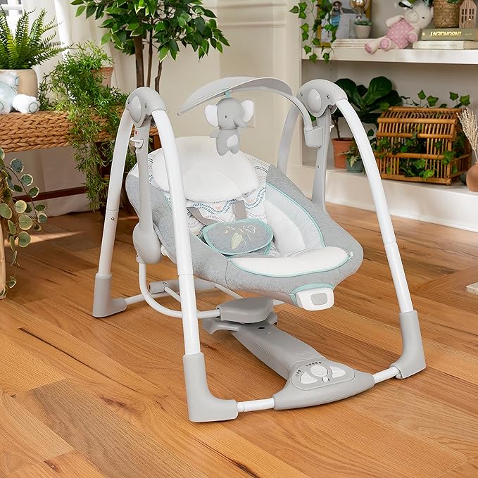 Ingenuity ConvertMe 2-in-1 Compact Portable Automatic Baby Swing & Infant Seat, Battery-Saving Vibrations, Nature Sounds, 0-9 Months 6-20 lbs (Swell)