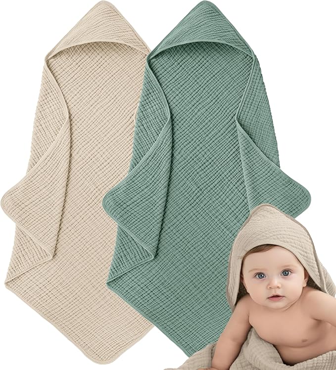 Muslin Hooded Baby Towels for Newborns, 32"x32", 100% Cotton ??6 Layers Super Soft Absorbent Breathable, Baby Bath Towel, Toddler Bath Towel ??Pack of 2