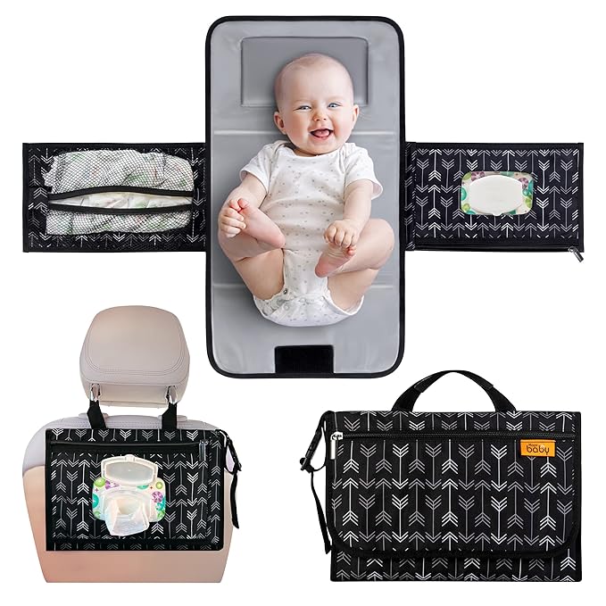 Kopi Baby Portable Diaper Changing Pad-Baby Diaper Changer Travel Bag with Wipes Pocket, Smart Design Portable Changing Mat, Infant Travel Station Kit, Gift for Newborn Girl & Boy-Black Arrows, Modern