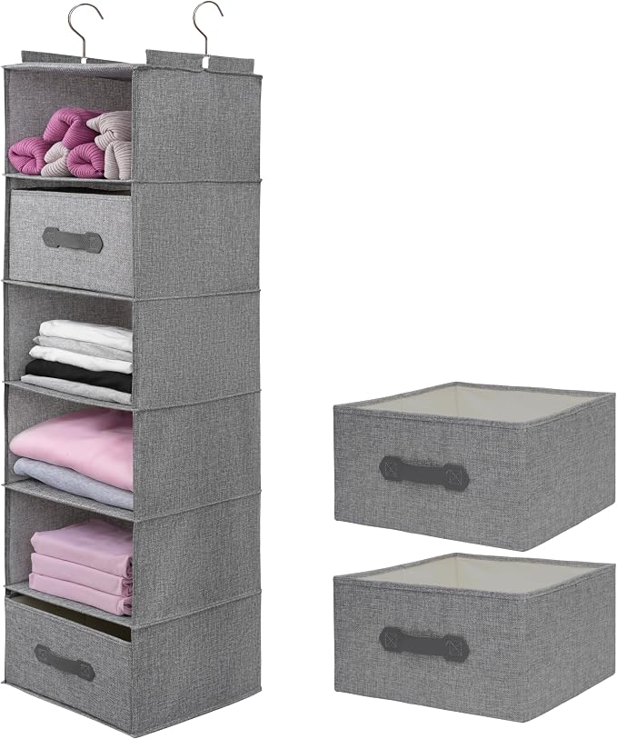 Large Hanging Sweater Organizer for Closet,Collapsible 6-Shelf Hanging Closet Shelves with Drawers, Washable (Grey-6 Shelf-2 d)
