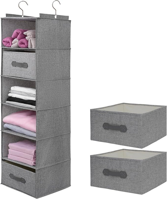 Large Hanging Sweater Organizer for Closet,Collapsible 6-Shelf Hanging Closet Shelves with Drawers, Washable (Grey-6 Shelf-2 d)