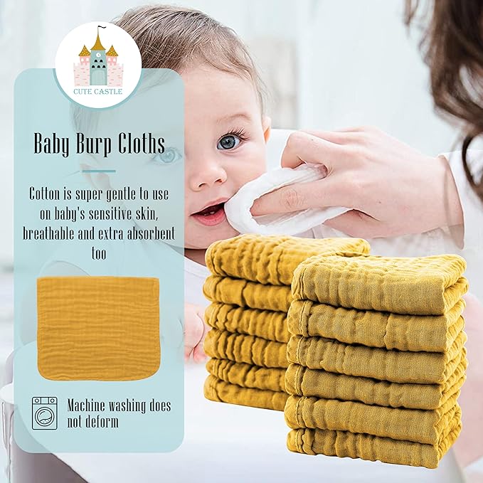 Cute Castle 12 Pack Muslin Burp Cloths for Baby - Ultra-Soft 100% Cotton Baby Washcloths - Large 20'' by 10'' Super Absorbent Milk Spit Up Rags - Burpy Cloths for Unisex, Boy, Girl - Honey