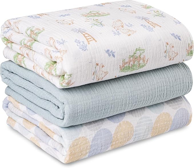 Muslin Swaddle Blankets for Newborn, 3 Pack Breathable Soft Receiving Blanket, Large 38 x 40 inches Swaddle Wrap Burping Clothes Diapers, Essentials Infant Shower Items, Toddler Gift (Cute Country)