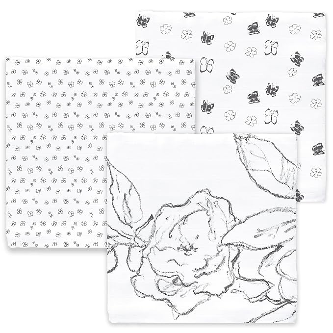 Amazing Baby Muslin Blankets, Set of 3, XLarge 46x46 inches, Soft Black Loved Wreath