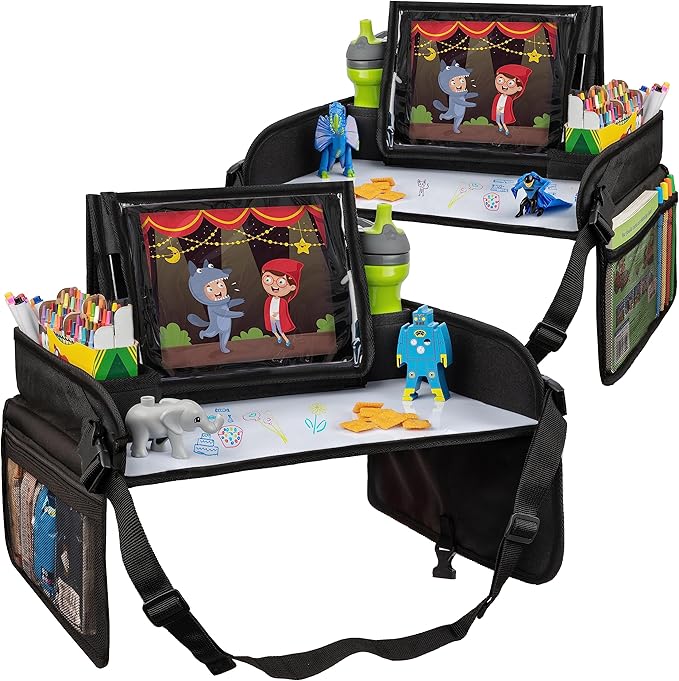 Lusso Gear Kids Lap Desk Tray (Value 2 Pack) - Mesh Pockets & Cup Holder for Car Travel Essentials - Car Seat Tray for Kids Travel & Tablet Holder - Dry-Erase Surface for Road Trip Activities - Black