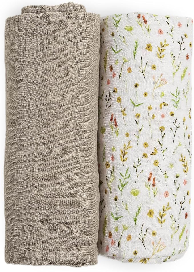 Little Unicorn 100% Natural Organic Cotton Muslin Swaddle Blanket 2 Pack | Giftable Set of 2 swaddles (Floral Field)