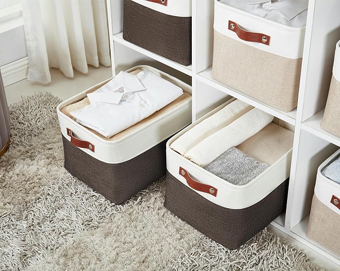 DECOMOMO Storage Baskets for Shelves - Fabric Storage Bins, Linen Closet Organizers and Storage (Brown & White, XL - 3 Pack)