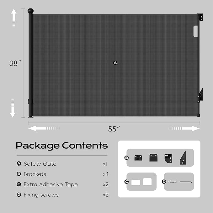 Retractable Baby Gate for Stairs, 55" Wide 38" High Pet Gate with Auto-Retract System, One-Hand Operation, Mesh Baby Gate for Doorways, Hallways, Decks, Indoor & Outdoor, Black