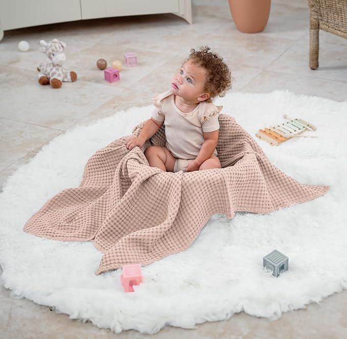 Comfy Cubs 100% Cotton Waffle Weave Blanket and Easy Adjustable 3 Pack Infant Sleep Sack Wrap Bundled