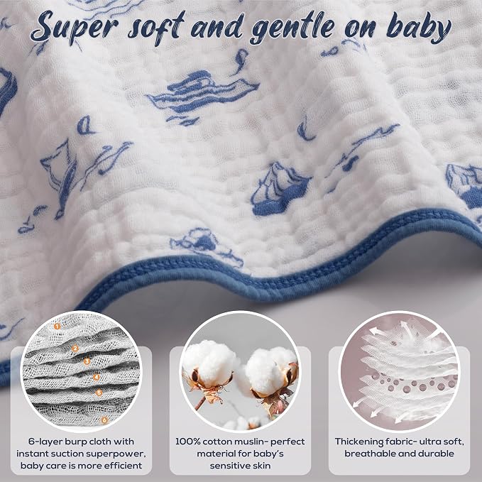 Muslin Burp Cloths, 20"x10"- Pack of 8, 6 Layers Super Soft Absorbent & Breathable 100% Cotton for Baby Drool and Messes, Burp Cloth Baby Boy and Burp Cloths Baby Girl