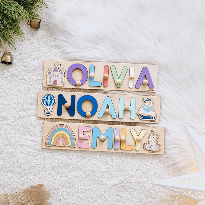 Rainbow Personalized Wooden Name Puzzle with Pegs – Montessori Learning Toy, Custom Toddler Gift, Educational Baby Shower & Birthday Present, Nursery Room Decor by BusyPuzzle